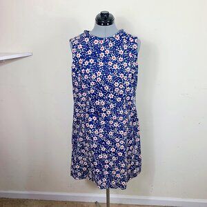 Vintage 60s Blue Red Flower Power Daisy Print Shift Dress Size Medium
